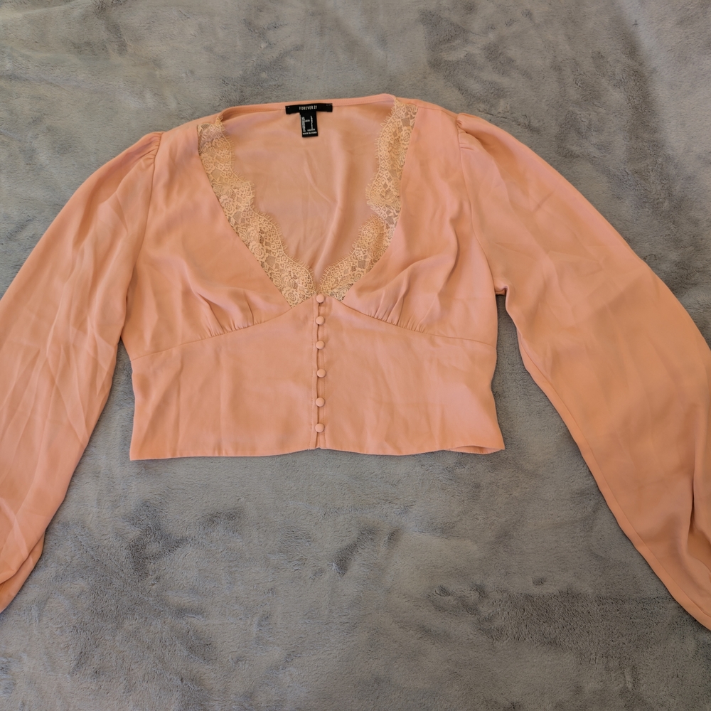Forever 21 Peach Lace Button-Up Blouse